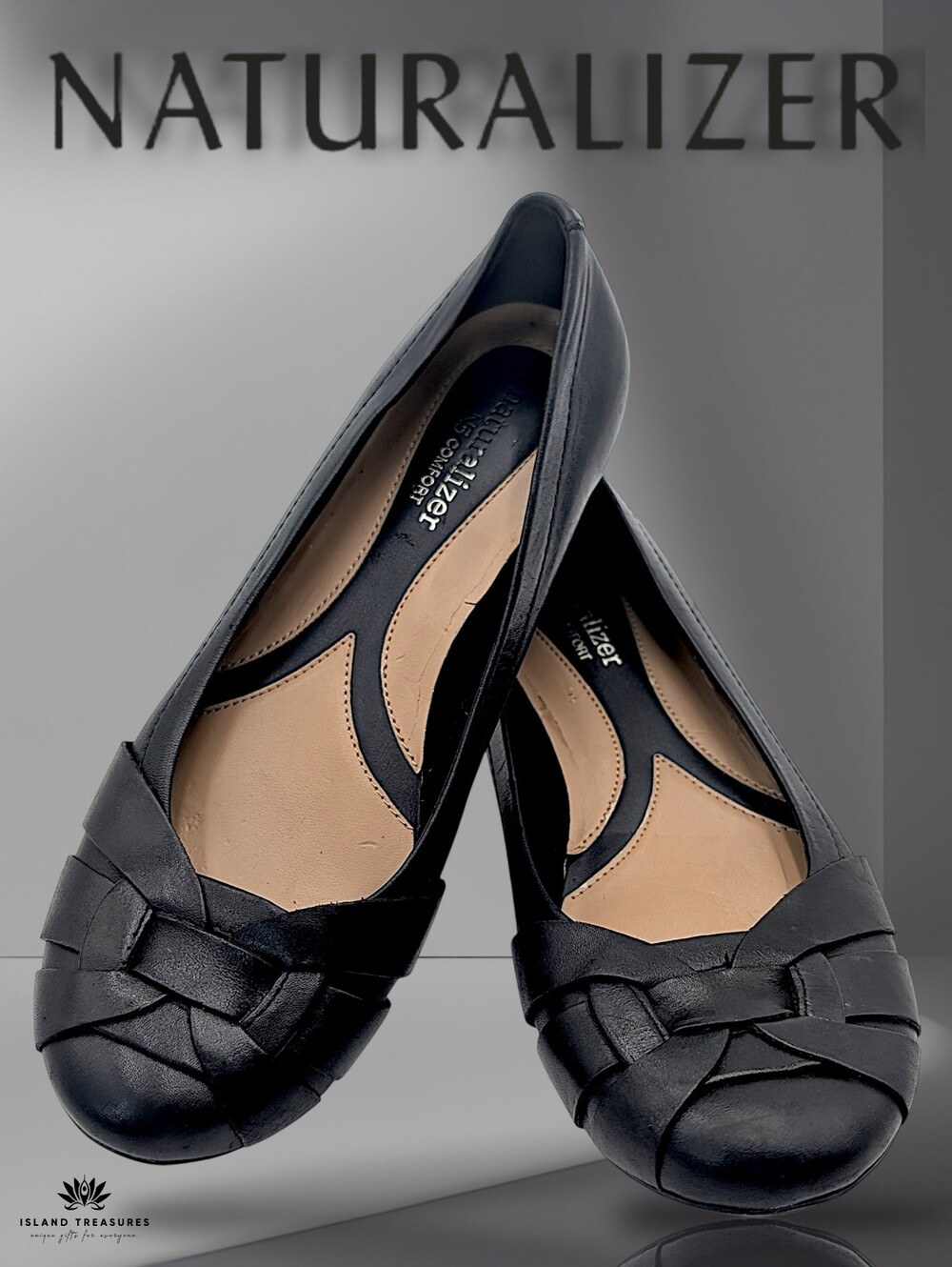 Naturalizer Maude Sz 6.5 Woven Knot Genuine Black Leather Ballet Flat Wedge Heel